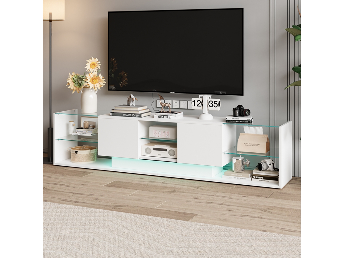 Mueble de TV moderno con 2 cajones, 6 estantes de cristal abiertos, 200 cm, alto brillo, LED, mueble bajo para TV para salón, dormitorio, blanco Rosahqnda