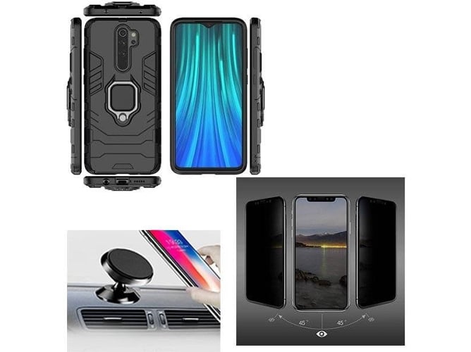 Kit Carcasa, Protector de Pantalla 5D Privacy y Soporte Xiaomi Redmi Note 8 Military Defender Negro