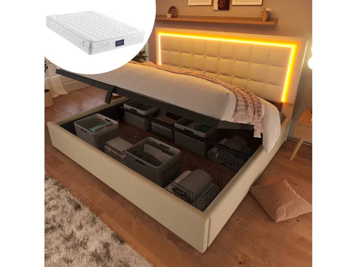 Cama Doble Tapizada De 160x200 Cm Con Somier De Láminas Led, De Piel Blanca Y Colchón.