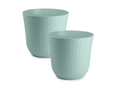 PLASTIC FORTE Rattan - Lote de 2 Macetas Decorativas 33 cm. Uso Interior y Exterior. Verde