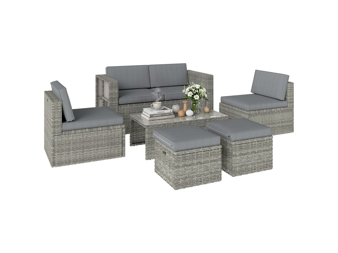Conjunto De Exterior De 6 Piezas: Sofá, 2 Sillas, Mesa De Centro Con Tapa De Cristal, 2 Pufs, Color Gris Oscuro.
