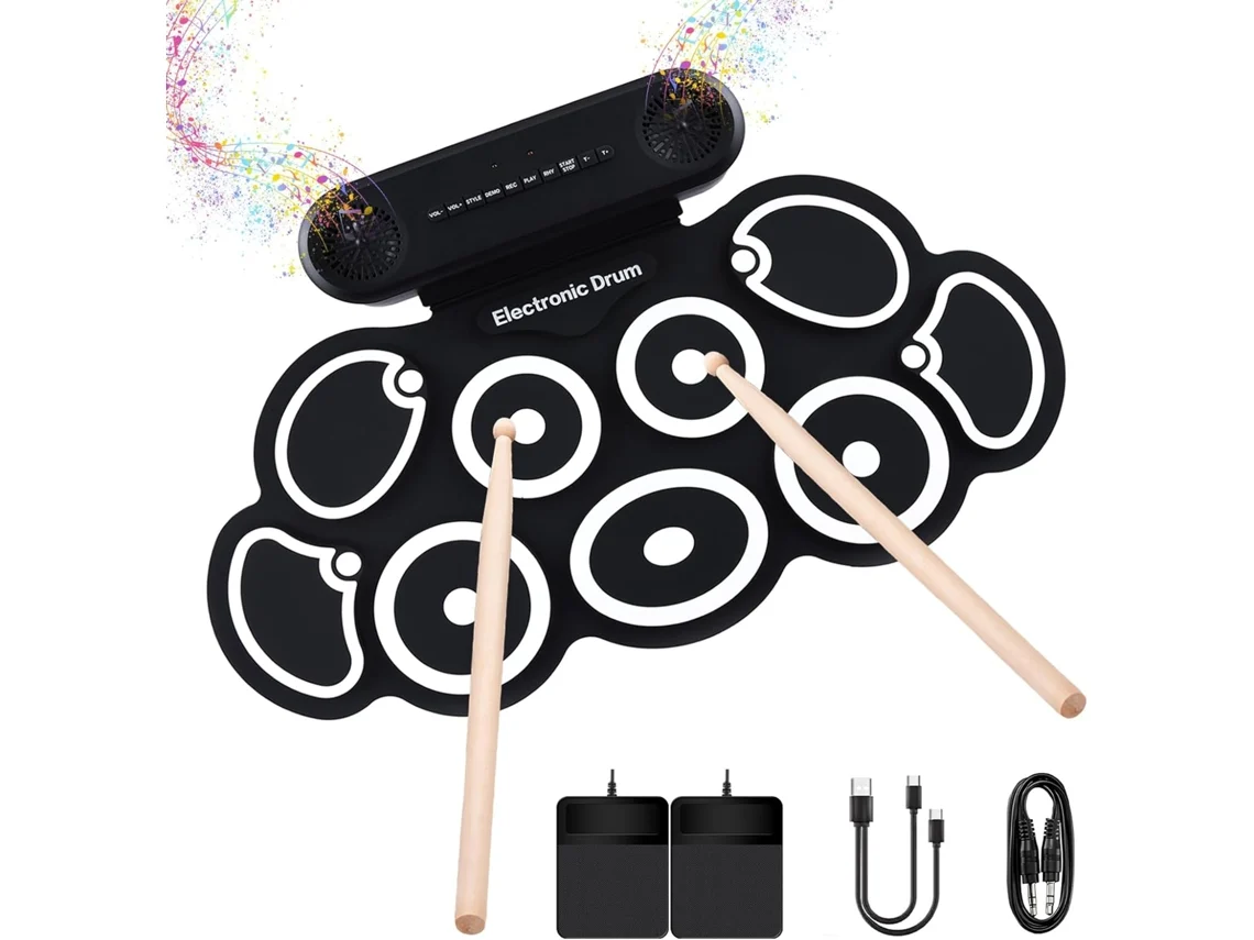 Batería electrónica Eifson G7 con 9 pads y 7 sonidos de batería, Bluetooth y entrada auxiliar (negro)