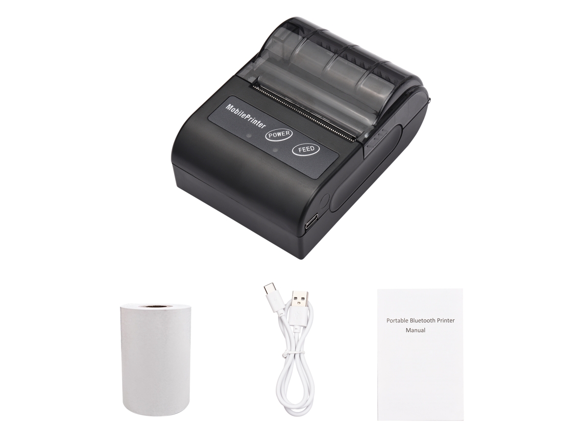 Impresora térmica portátil sin tinta de 2 pulgadas (58 mm) con USB y Bluetooth para oficinas, tiendas y restaurantes. Compatible con Windows, Android e iOS.