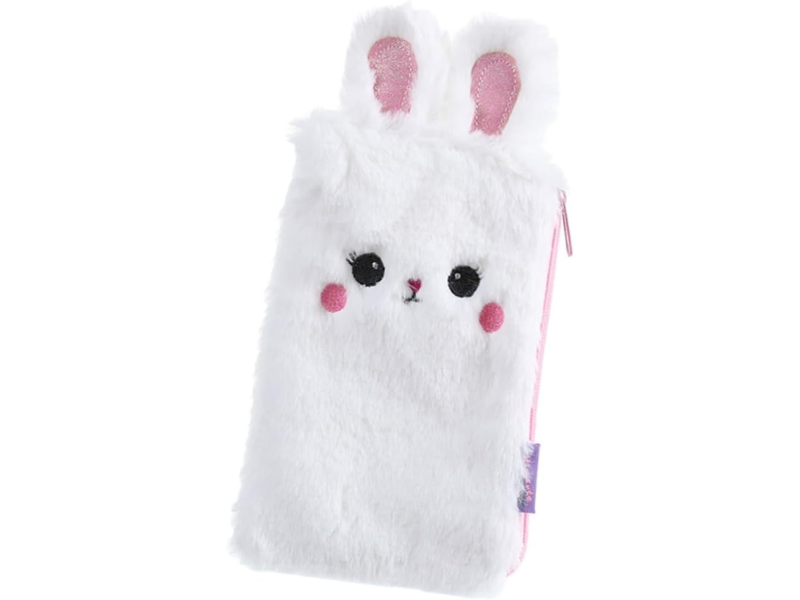 Estuche de felpa blanca con estampado de conejo, multifuncional para material escolar.