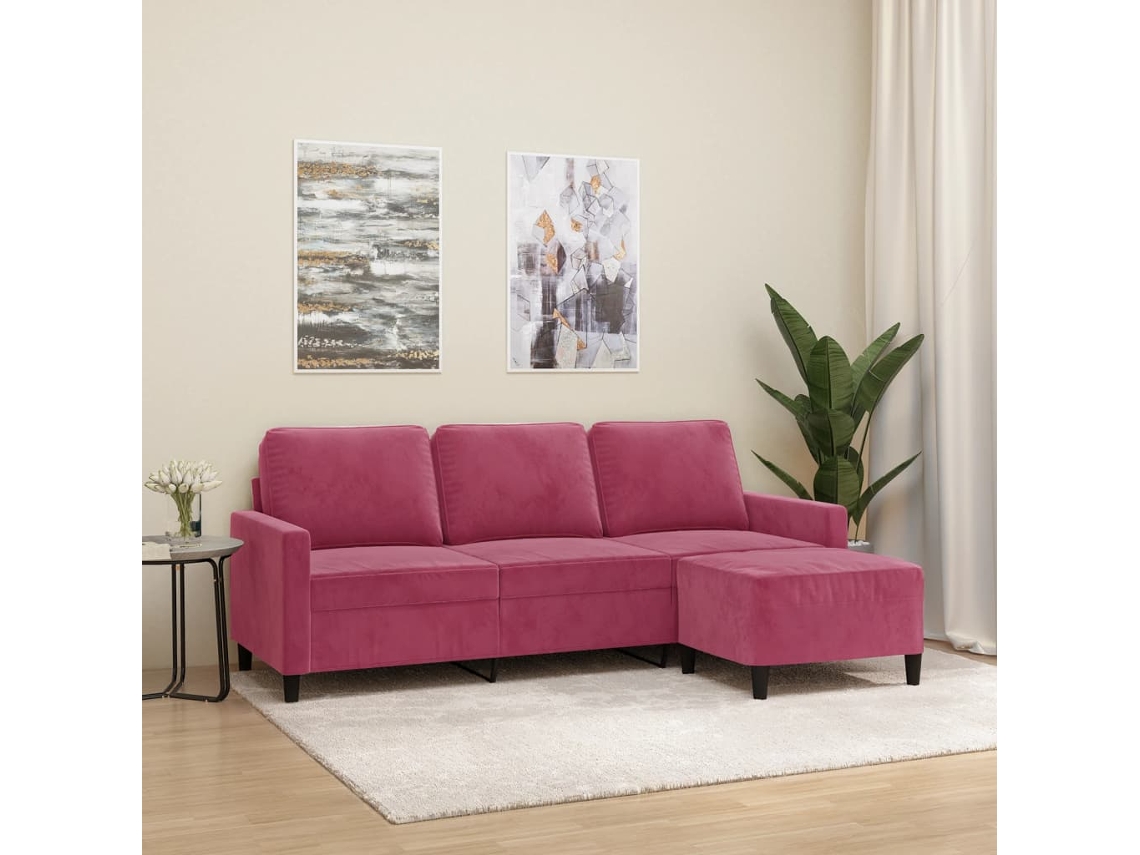 Sofá De 3 Plazas Con Taburete De Terciopelo Rojo Tinto 180 Cm