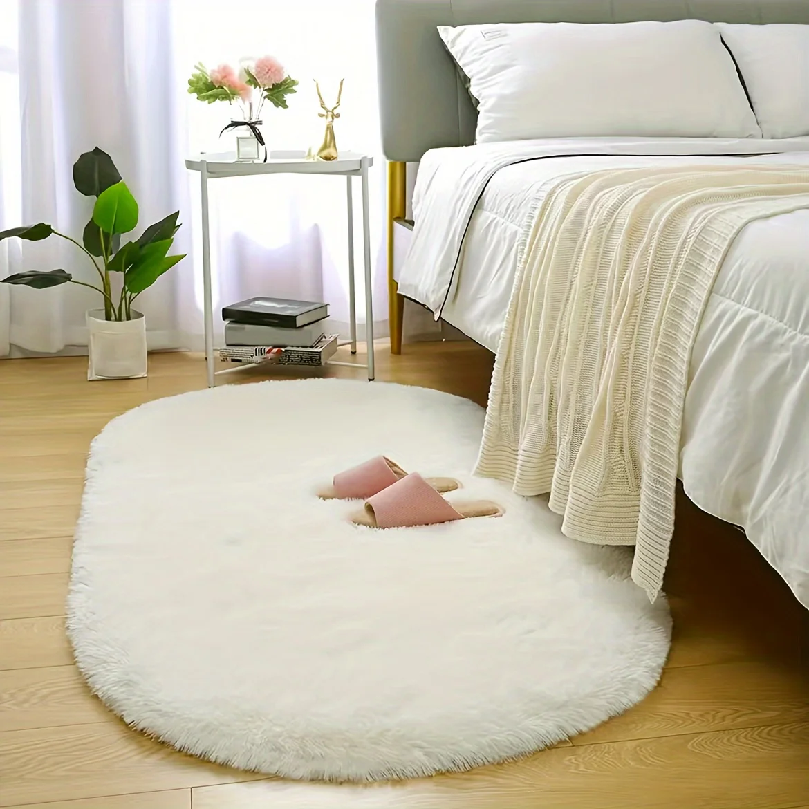 (blanco, 60x120cm) Alfombra De Noche De Pelo Largo, Ovalada, Teñida, Esponjosa Y Suave.