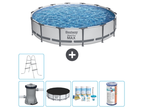 Piscina BESTWAY Round Steel Pro MAX - 427 x 84 cm - Gris - Bomba incluida Cubrir - Paquete de mantenimiento - Filtrar - Escalera
