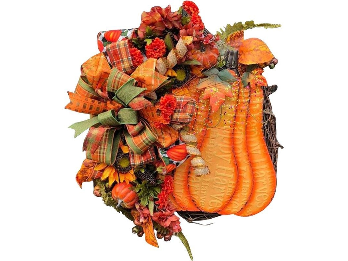 Guirnalda De Calabazas Retro Con Flores Para Decoración De Otoño En Casa Y Puerta Principal