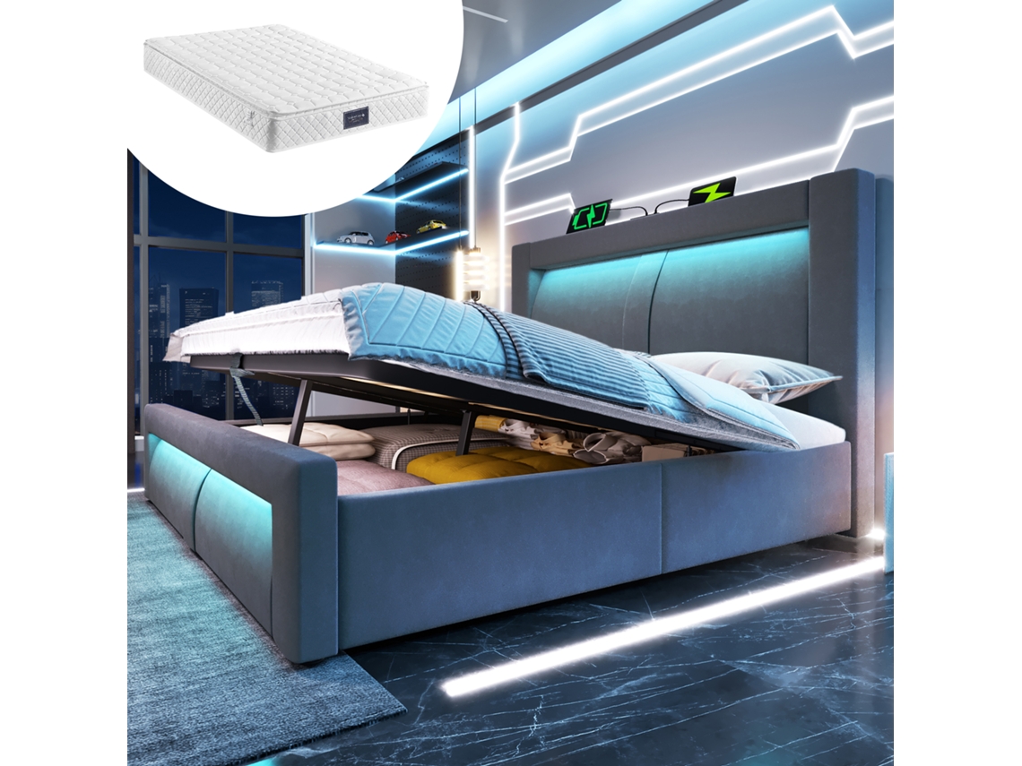 Cama De Terciopelo Gris De 160x200 Cm Con Iluminación Led, Aplicación Usb C, Cabecero Hidráulico Curvo Y Colchón Incluido.
