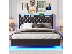 Cama flotante 140x200cm piel sintética, tiras de luz LED en el cabecero y estructura con puerto USB y espacio de almacenaje bajo la cama.