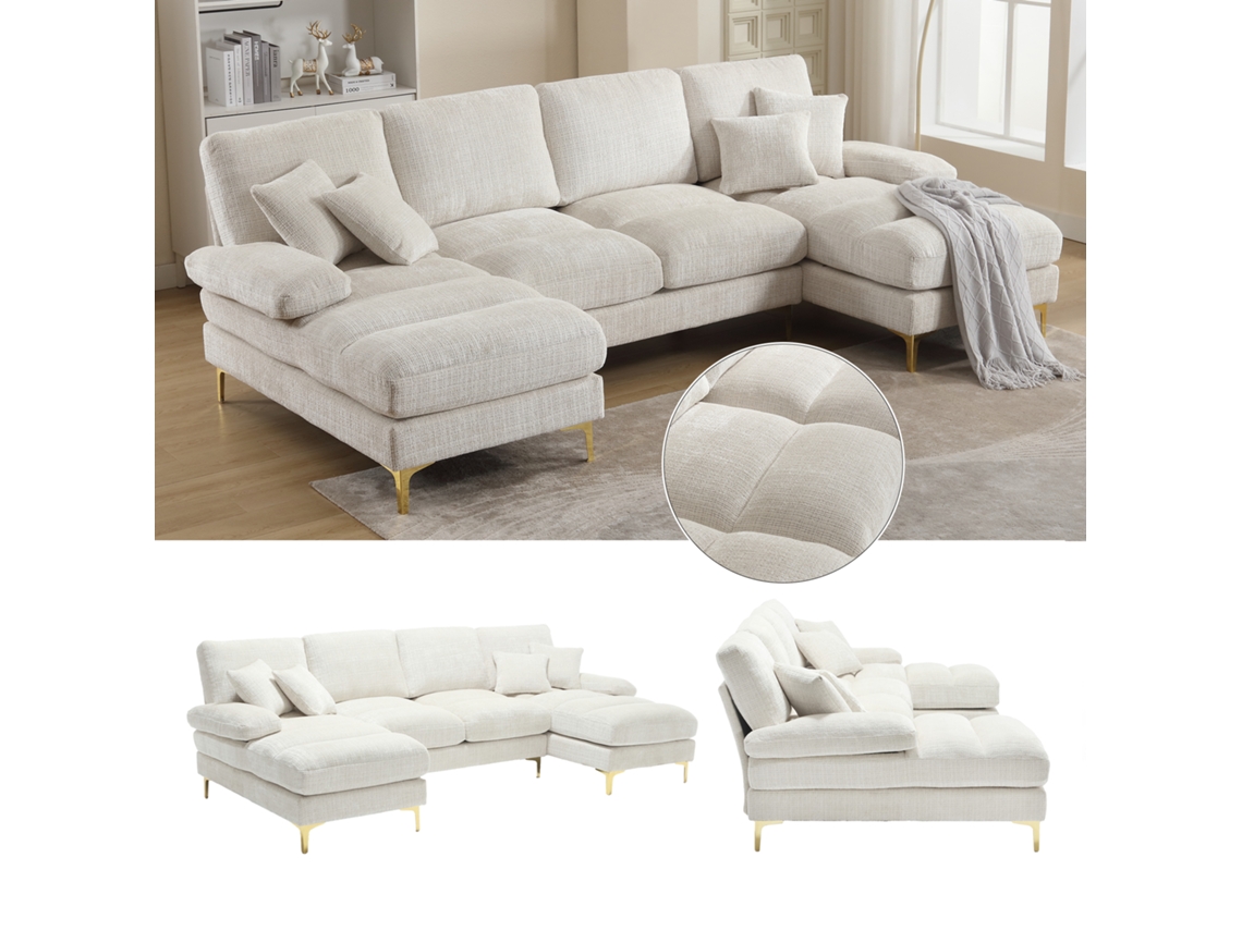 Sofá Seccional U Grande - Chenille Con Doble Chaise Longue - Beige