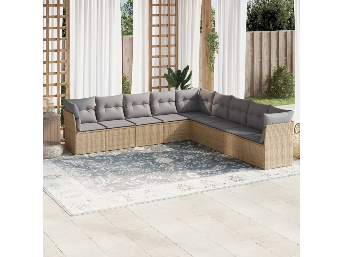 Conjunto de sofá de jardín de 9 piezas con cojines, mimbre sintético beige, Dkd Home Decor