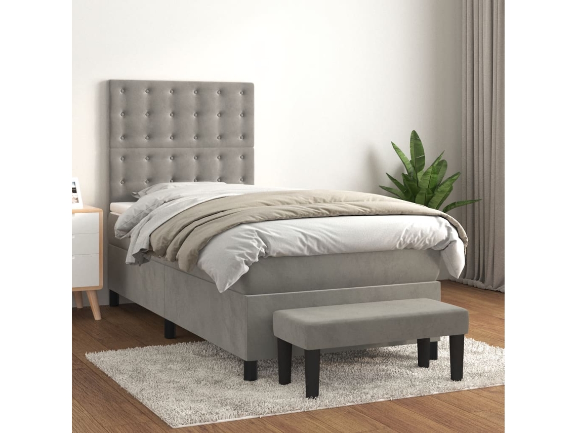 Cama Box Spring Con Colchón Terciopelo Gris Claro 90x190 Cm