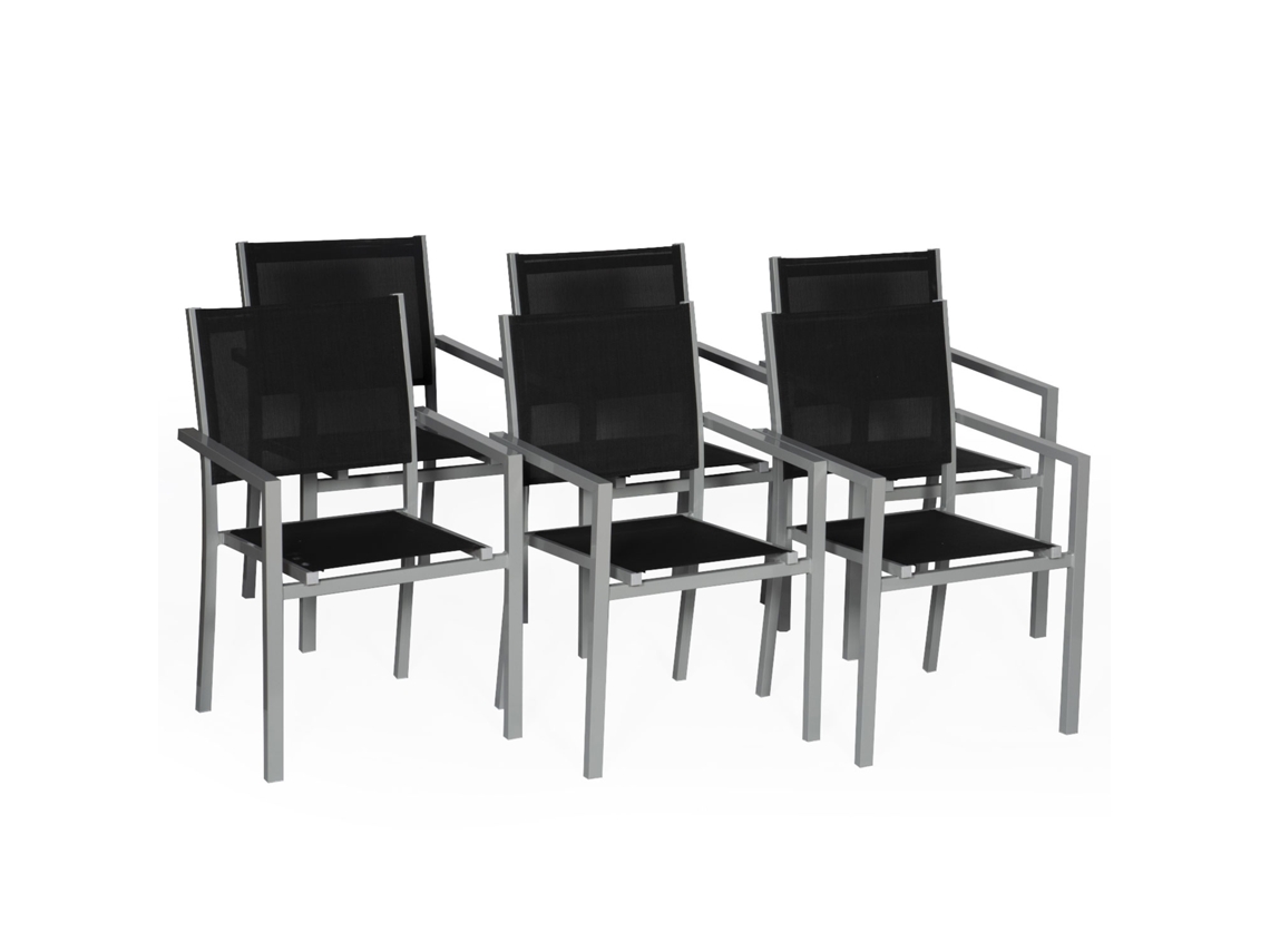 Juego de 6 sillas de aluminio gris - textileno negro HAPPY GARDEN