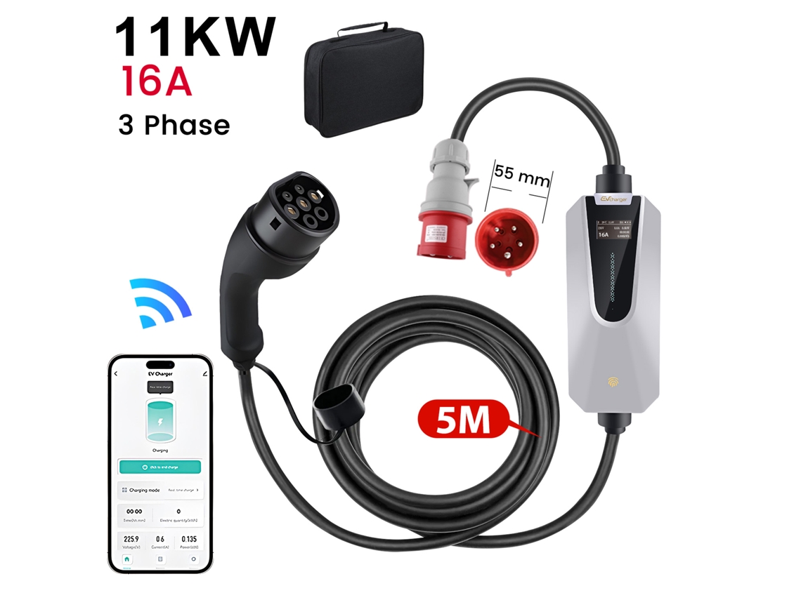 Cargador De Pared Portátil De 11 Kw Para Vehículos Eléctricos, 6a–32a, 5 M