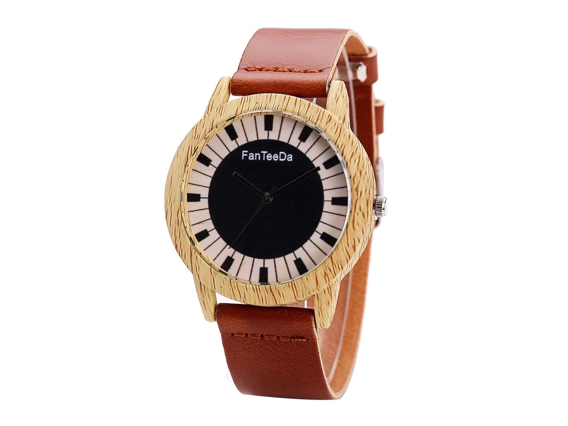 Reloj De Cuarzo Fanteeda Fd074 Textura De Madera Dial Redondo Acero Inoxidable Marrón Claro