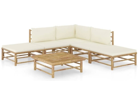 Conjunto 6 de muebles de jardín VIDAXL bambú y cojines blanco crema
