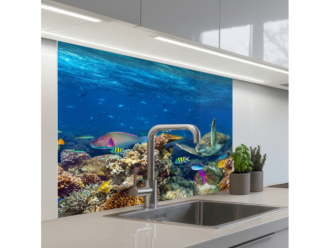 Paneles para salpicadero de cocina - Paisaje submarino - Peces - Tortuga - Azul 100x80 cm