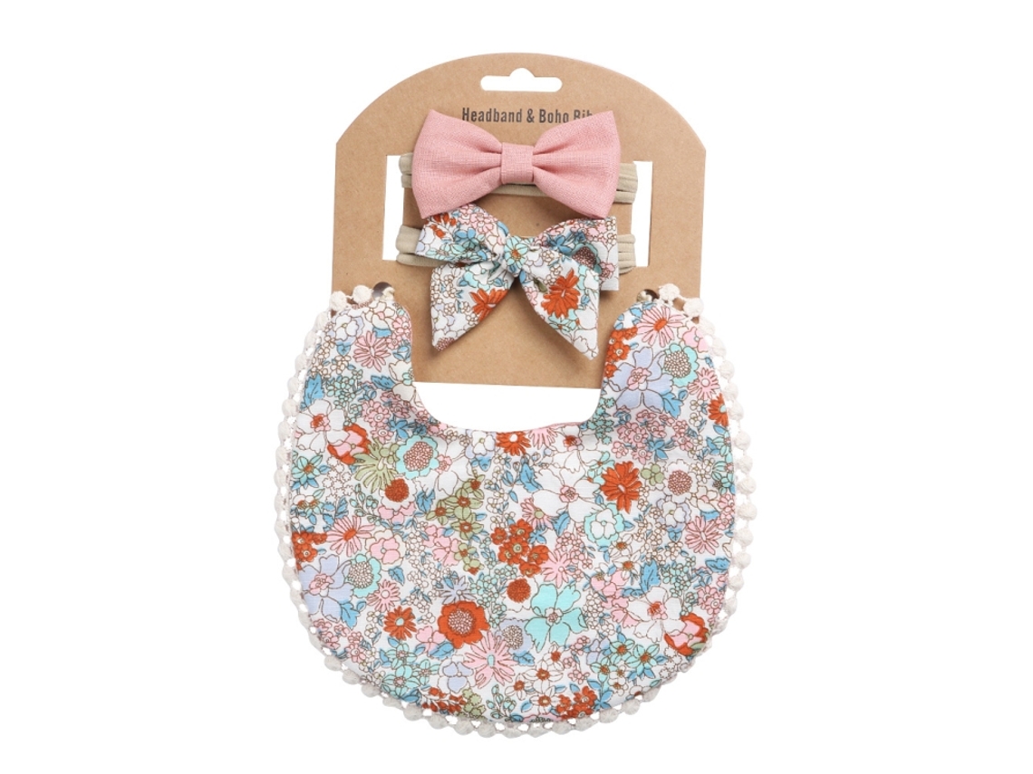 Babero reversible de lino y algodón estampado para bebé con diadema y toallita para la saliva DP021 7 XIAOMOYU