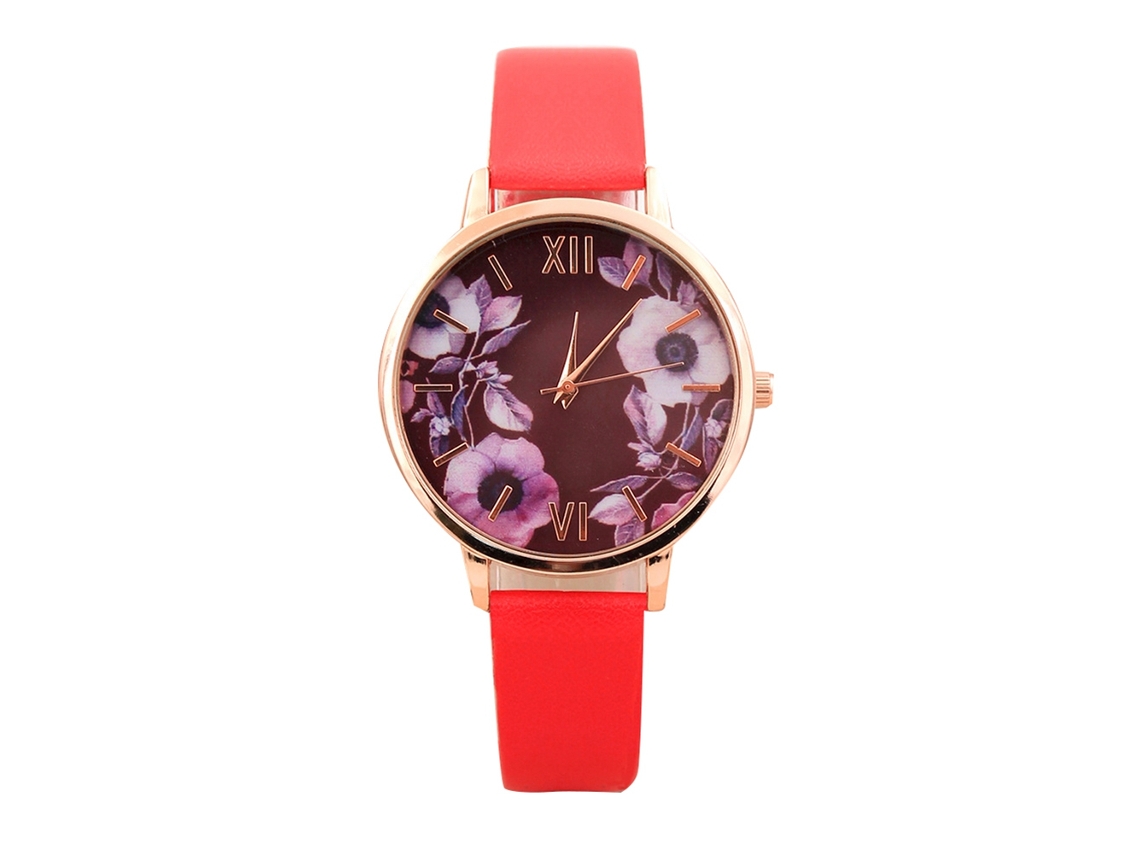 Reloj De Pulsera Casual De Moda Para Mujer Con Esfera Redonda Floral, Piel Sintética Y Movimiento De Cuarzo Rojo.