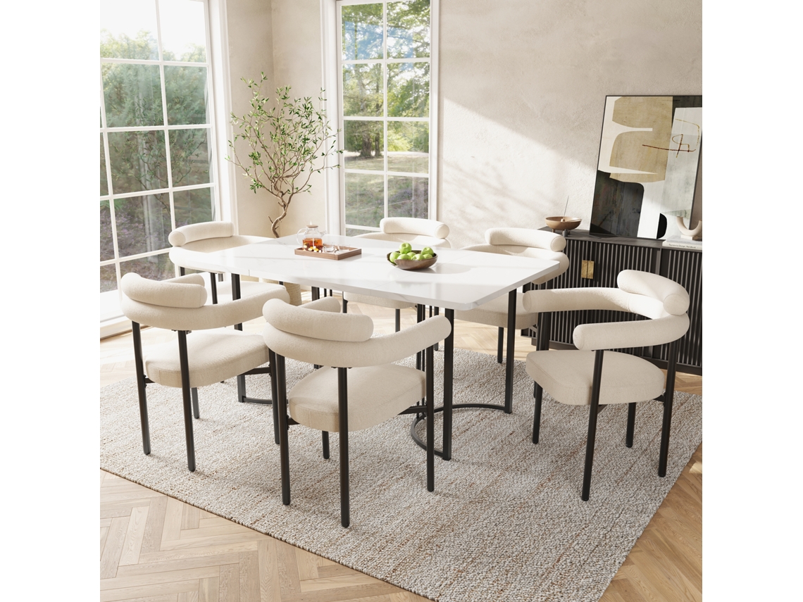 Conjunto Comedor 7 Piezas - Mesa Patas Metálicas Y 6 Sillas Gamuza Beige