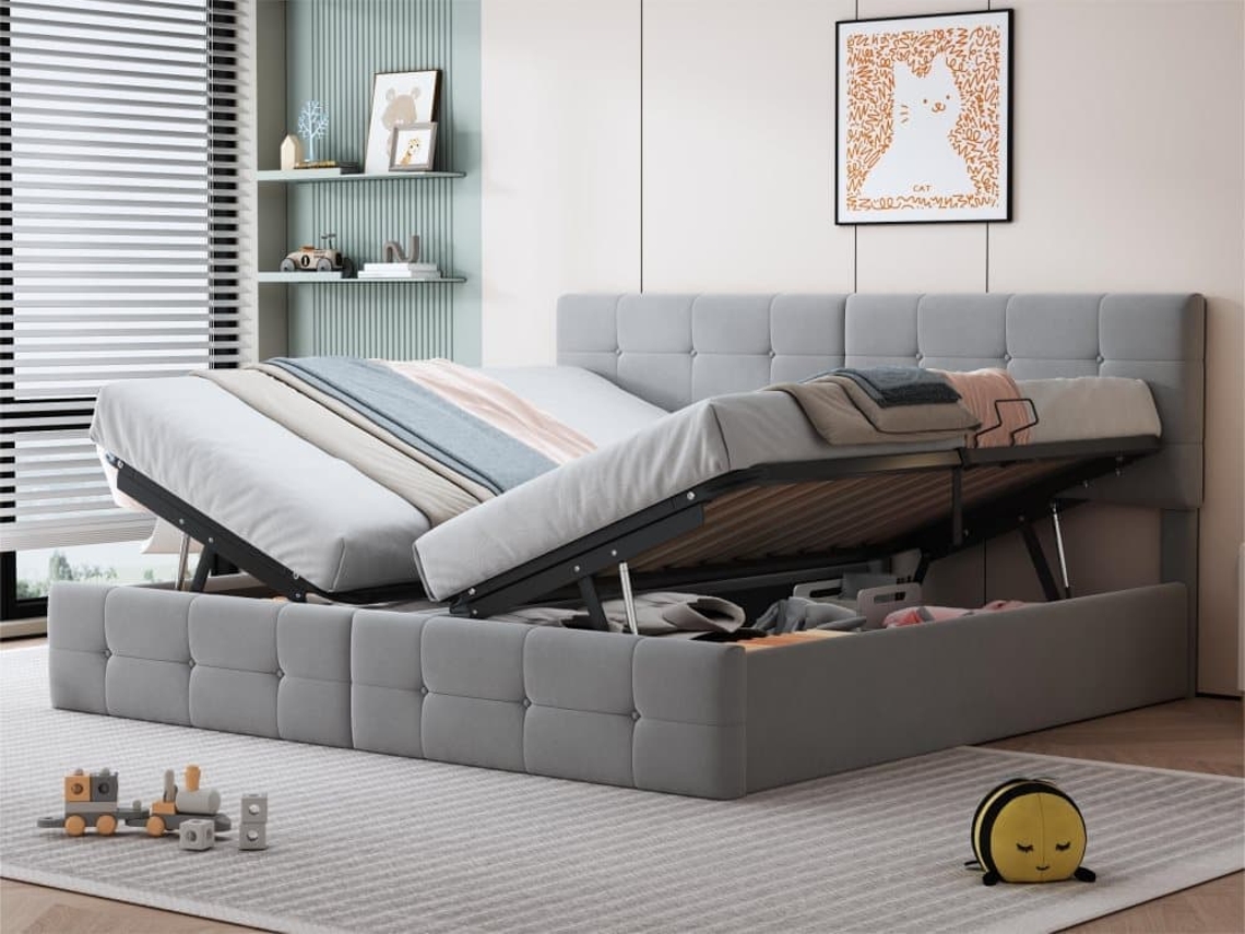 Cama Contenedor Acolchada 180x200cm En Terciopelo - Convertible En 2 Camas Individuales - Gris