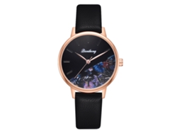 Reloj De Pulsera De Cuarzo Para Mujer Con Correa Ajustable De Pu Y Delicado Estampado Floral (negro).