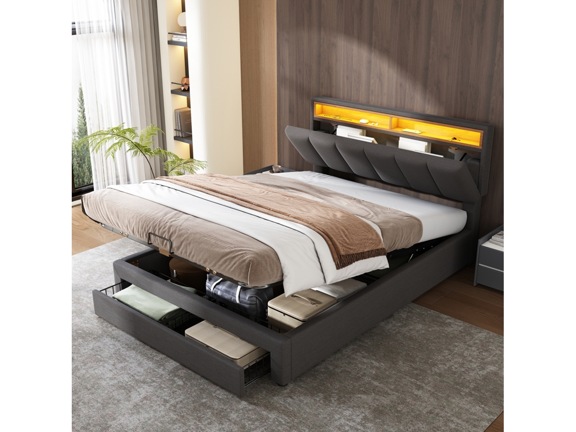 Cama Doble De Lino Gris, 140x200 Cm, Iluminación Led, Compartimento De Almacenamiento Hidráulico, Estructura De Acero.
