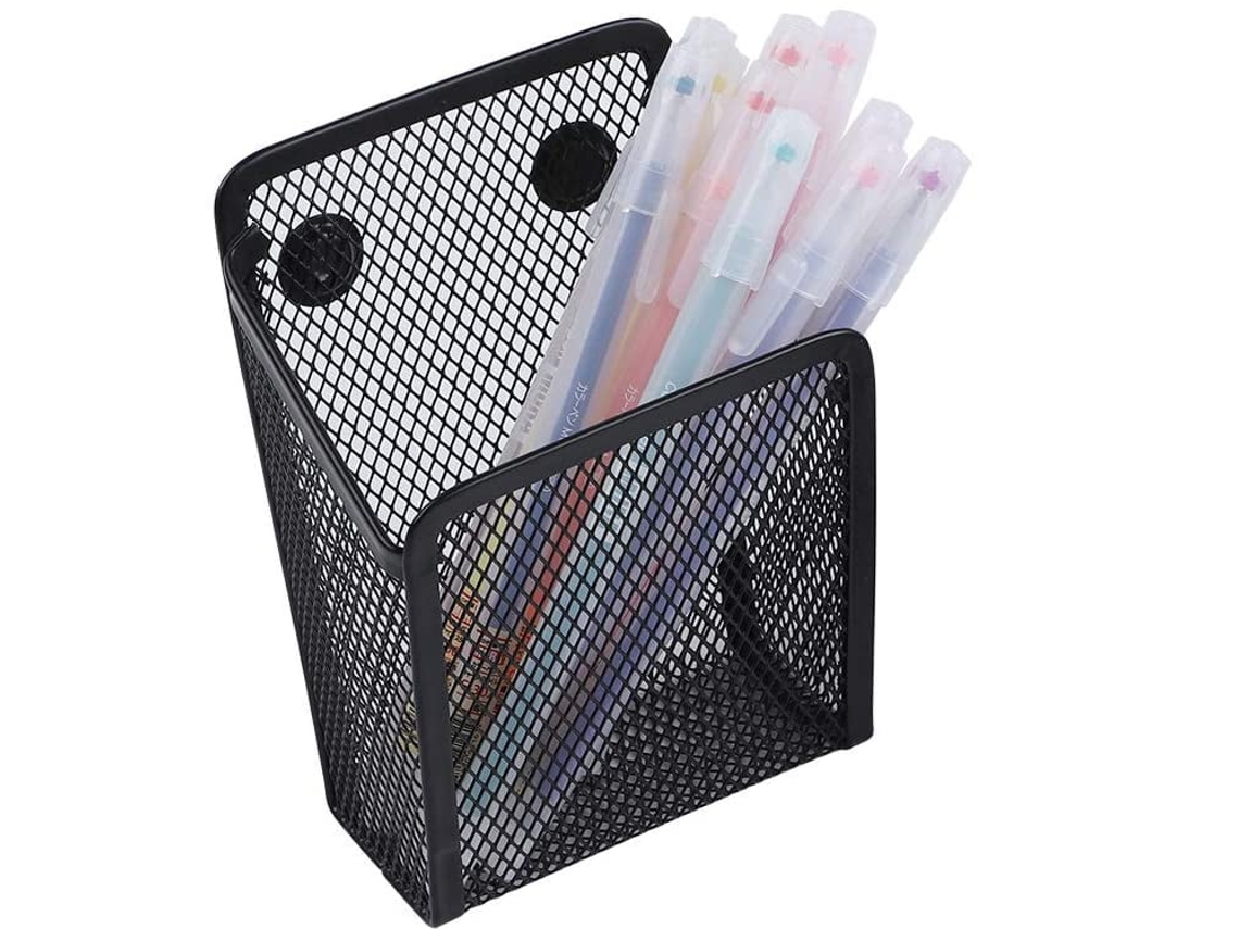 Cesta magnética para bolígrafos, material premium, diseño multifuncional con imanes potentes para organizar suministros y accesorios de oficina.