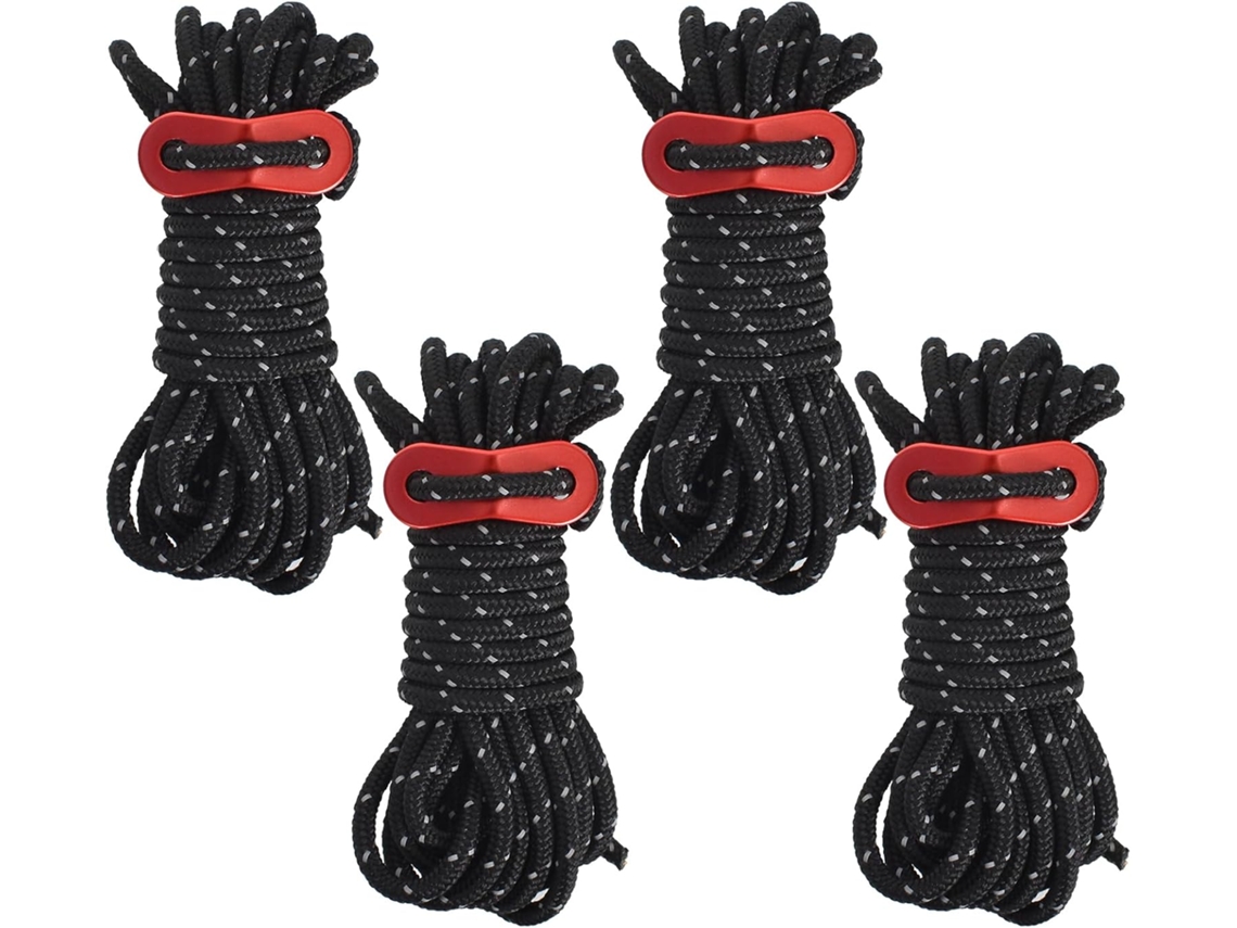 4 Cuerdas Camping 4m Reflectantes, 4mm Con Tensor, Nailon Resistente, Para Tiendas, Resistente Viento, Rojo+negro