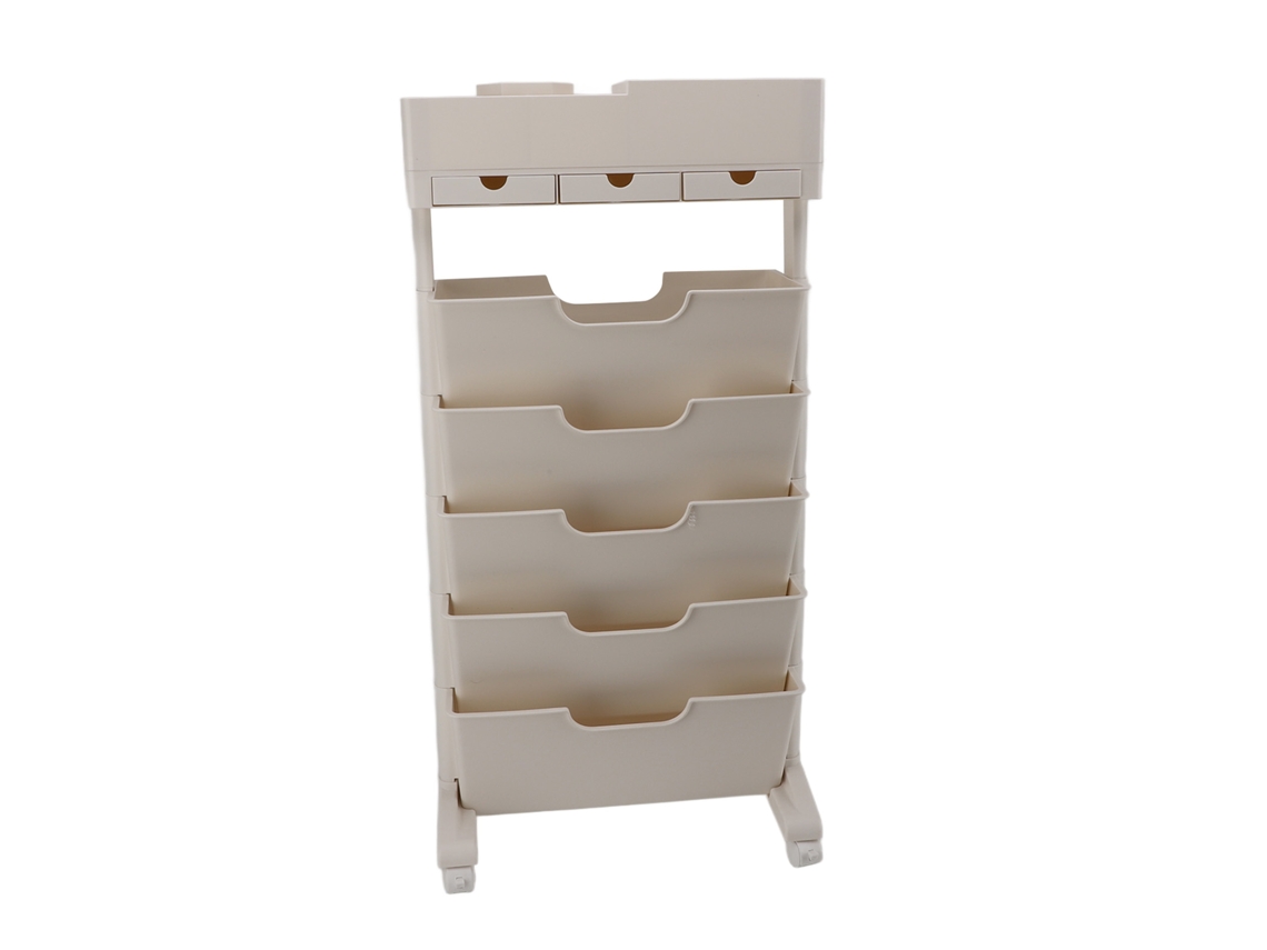 Estantería móvil beige con ruedas bloqueables y 3 cajones, carrito de almacenaje multifuncional de plástico con ruedas para dormitorio y aula.