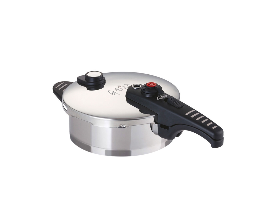 Olla a presión LG Sola de 2,5 galones, acero inoxidable 18/10, triple seguridad, cocción rápida y ultrarrápida, apta para inducción y lavavajillas, con recetario.