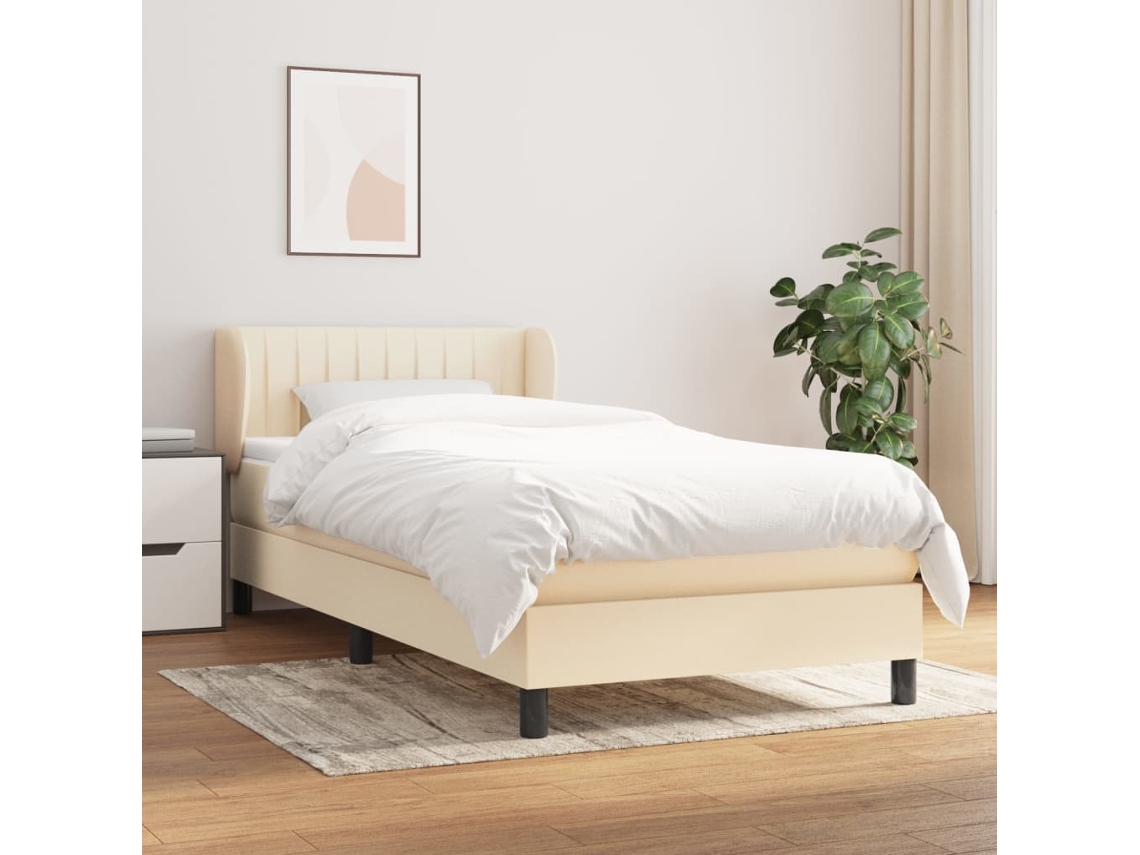 Cama Box Spring Con Colchón Tela Color Crema 90x200 Cm