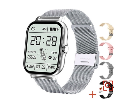 Smartwatch con Pantalla Táctil Monitoreo de Ritmo Cardíaco con Podómetro Acero Plateado Cuatro Correas de Goma JL-EIGHT