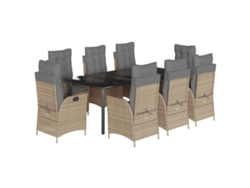Juego de 9 piezas de comedor de jardín con cojines de mimbre, beige, EXCLUSIVA MAISON