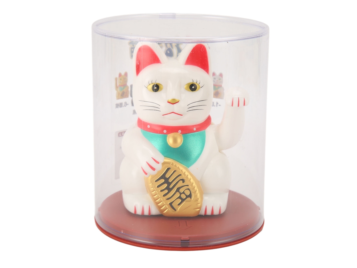 Gato de la suerte decorativo blanco con brazo móvil (10 cm)