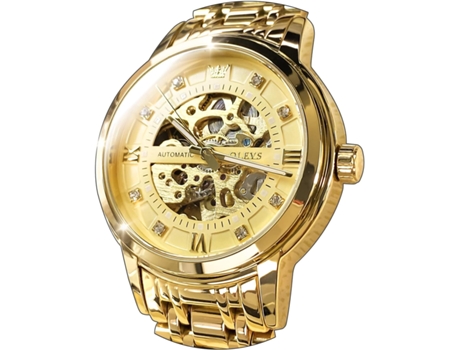 VEANXIN Reloj luminoso impermeable de acero inoxidable mecánico automático hueco para hombre(oro)