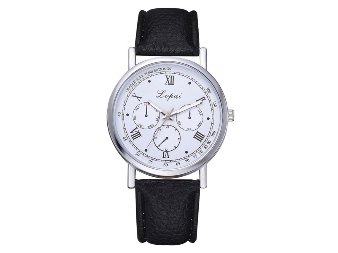 Reloj De Pulsera Para Hombre De Cuero Pu Suave, 6 Agujas, Ventanas, Cuarzo, Negro
