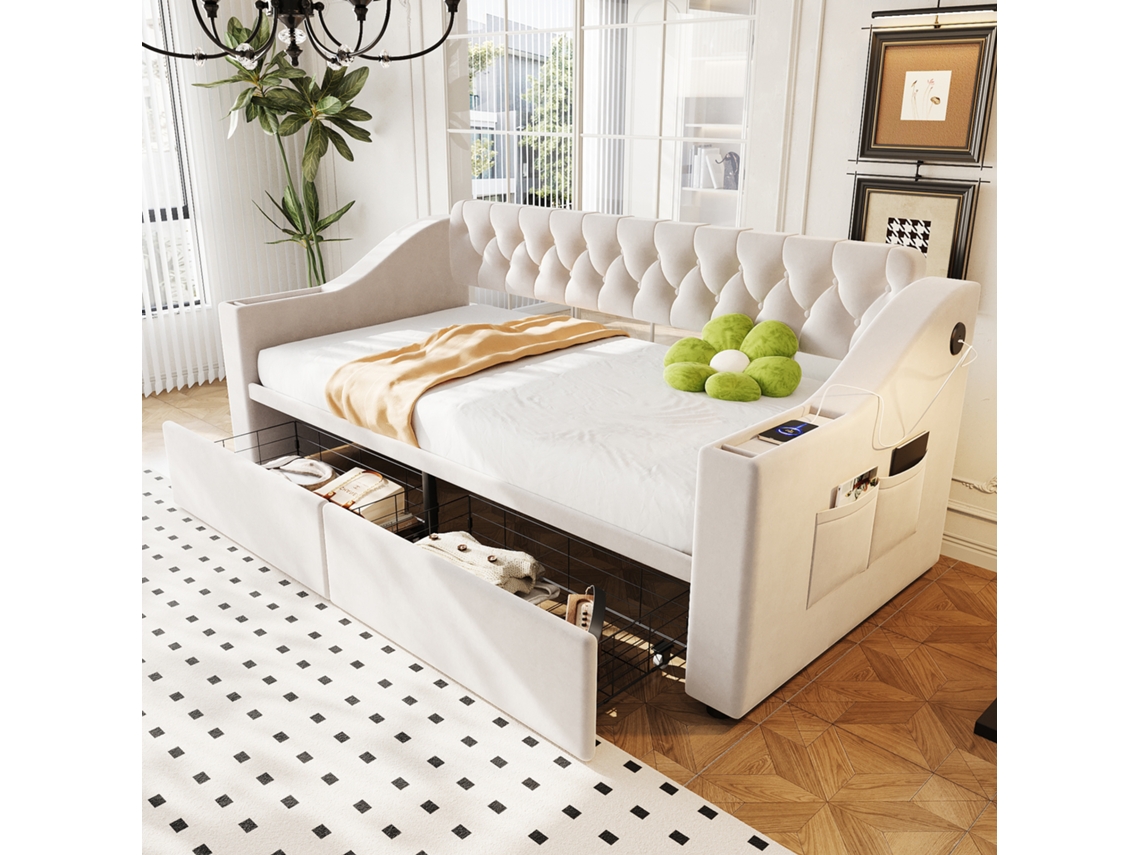 Sofá Cama De 90x190 Cm, Terciopelo Beige, Brazos Anchos, Usb, Cajones De Almacenamiento, Bolsillos.