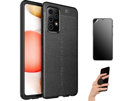 Kit Carcasa Y Protector Samsung A72 5G Ultimatte Rugged Leather Y Popsocket Negro
