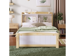 Cama infantil de madera maciza con cabecero y almacenaje, somier de láminas 90x200 cm, color natural y blanco, Mobrio