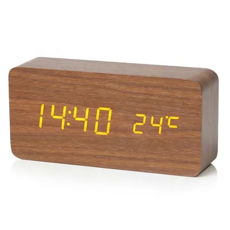 Reloj Despertador Digital De Madera (marrón) Con Reloj De Escritorio Led Y Pantalla De Temperatura