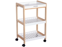 Carrito Cocina Ruedas 2 Estantes Bandeja Madera Pino Blanco Mdf