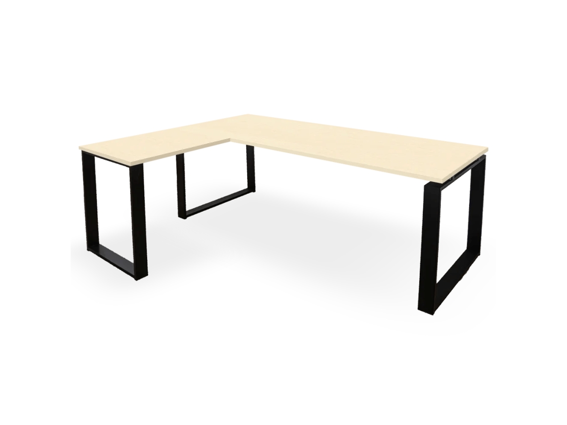 Escritorio esquinero con cajones a la izquierda. Estructura cerrada de metal negro. 75 x 140 x 160 cm. Madera de arce. Ofilike.