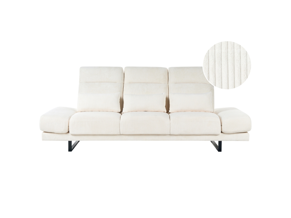 Sofá Beliani Ikast de 3 plazas en pana color crema (255 x 129 x 105 cm)
