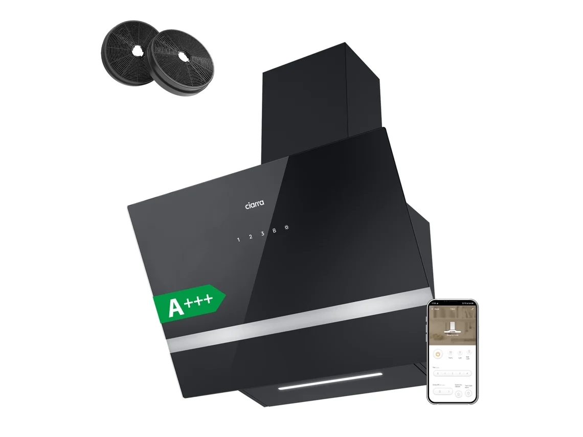 CIARRA Campana Extractor de Pared A+++ 60cm 650m³/h Boost Control Táctil/APP Recirculación con Filtros de Carbón (2 piezas) 58dB(A) Negro CD6736HB