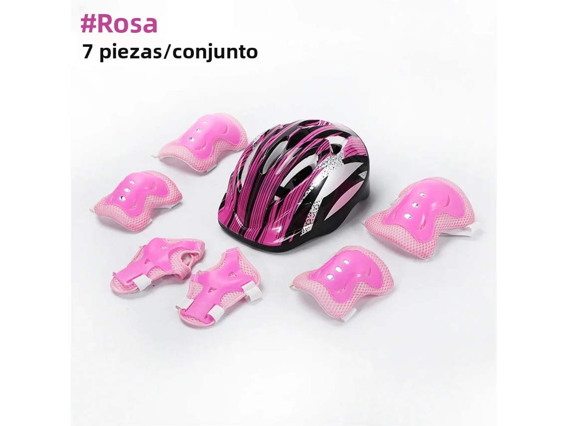 Conjunto rosa de 7 piezas para patinaje infantil: casco de seguridad, rodilleras y coderas. Mdug