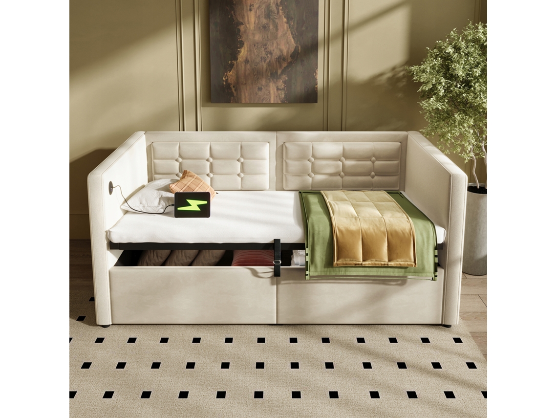 Cama Sofã¡ Arhatreya Con Baãºl Hidrã¡ulico Y Usb C (90x200 Cm - Beige)