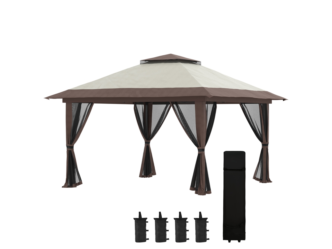 Cenador Beige De 4x4 M Con Altura Regulable Y Cortinas Con Protección Uv.