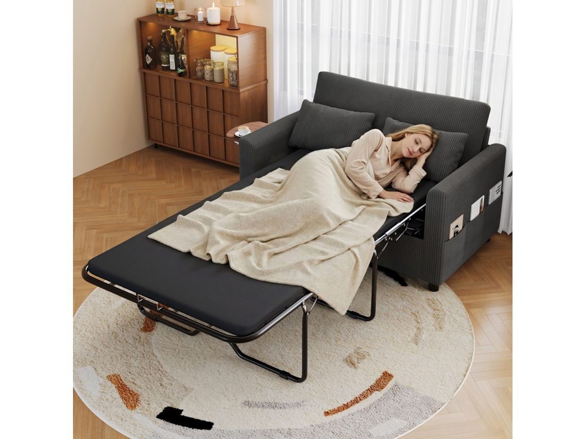 Sofá cama de 2 plazas con puerto USB, mesa auxiliar plegable y accesorios (gris).